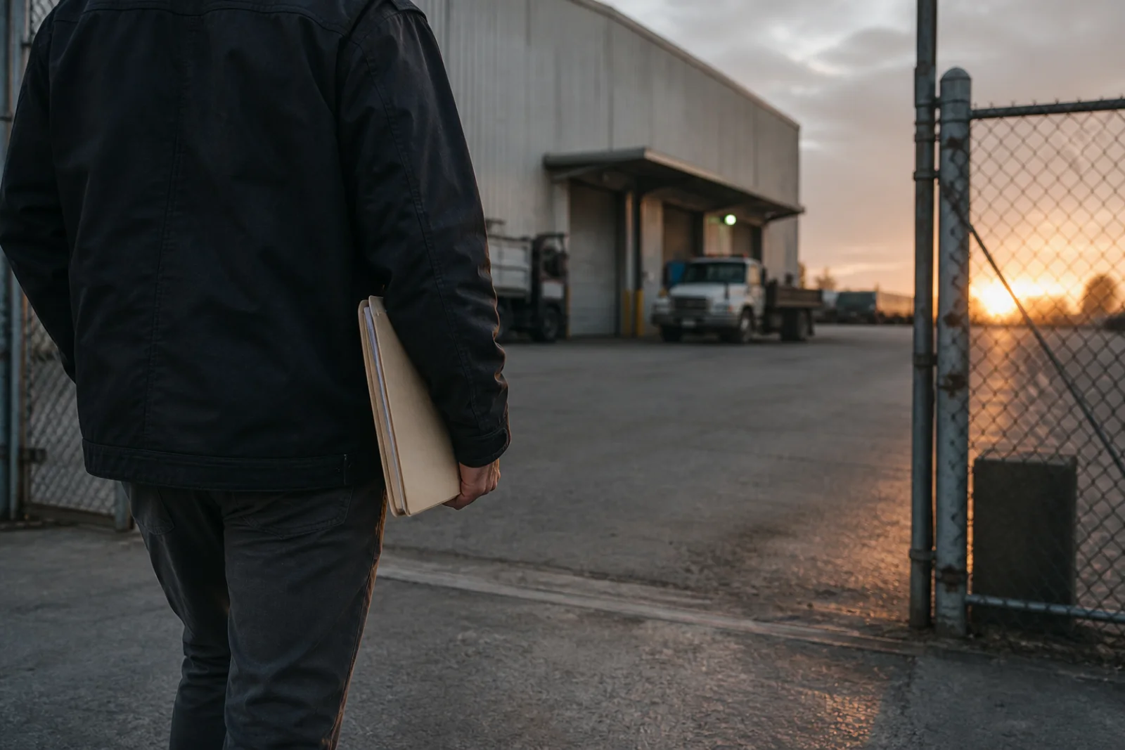 A field representative carrying a case folder into a commercial industrial property